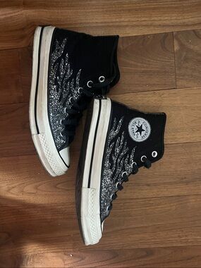 Converse Black High-Top Sneakers with Silver Glitter Flame